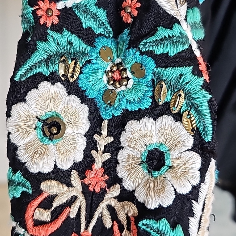 Anthro Floreat Austral Black Beaded Embroidered Boho Peasant Blouse - Size Small - Picture 6 of 12